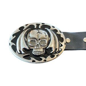 Vintage Y2K | Gothic Winged Skull | Black Faux Leather | Rocker | Biker Belt